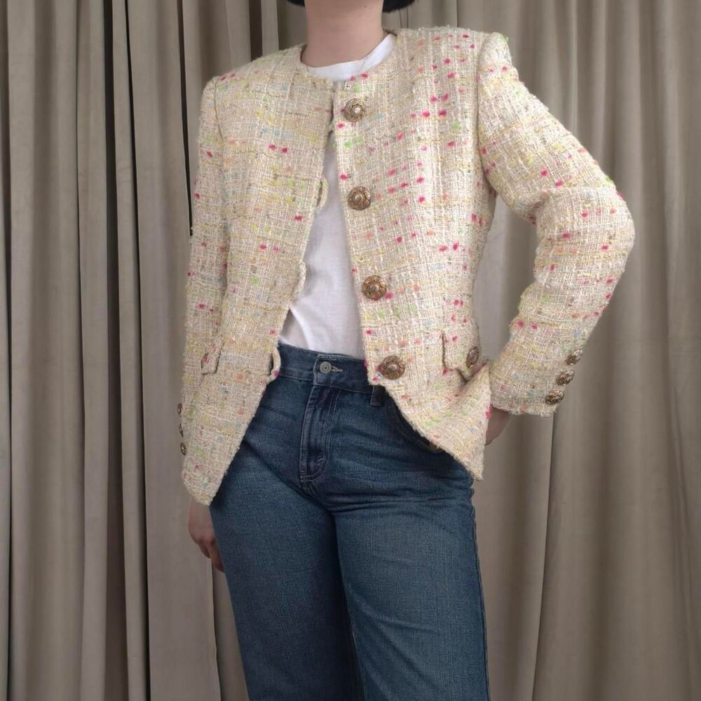 Vintage Herbert Grossman Cream Multicolored Tweed Jacket Blazer